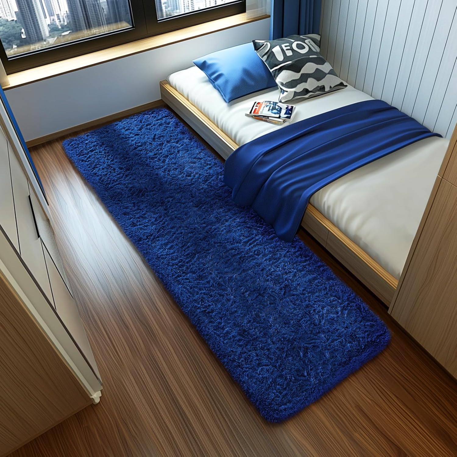 Ophanie Blue Runner Rug for Hallway, 2x6 Bedroom Bedside Living Room Rugs, Non Slip Fluffy Soft Shaggy Carpet for Kids Girls Boys Dorm Nursery Home Decor Aesthetic